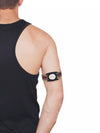 Dexcom G7 Armband with rotating clip worn on upper arm, featuring Dia-Style graphic designs for comfortable, secure sensor placement.