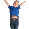 Young child in blue t-shirt joyfully wearing a kids’ multi-purpose belt for insulin pump